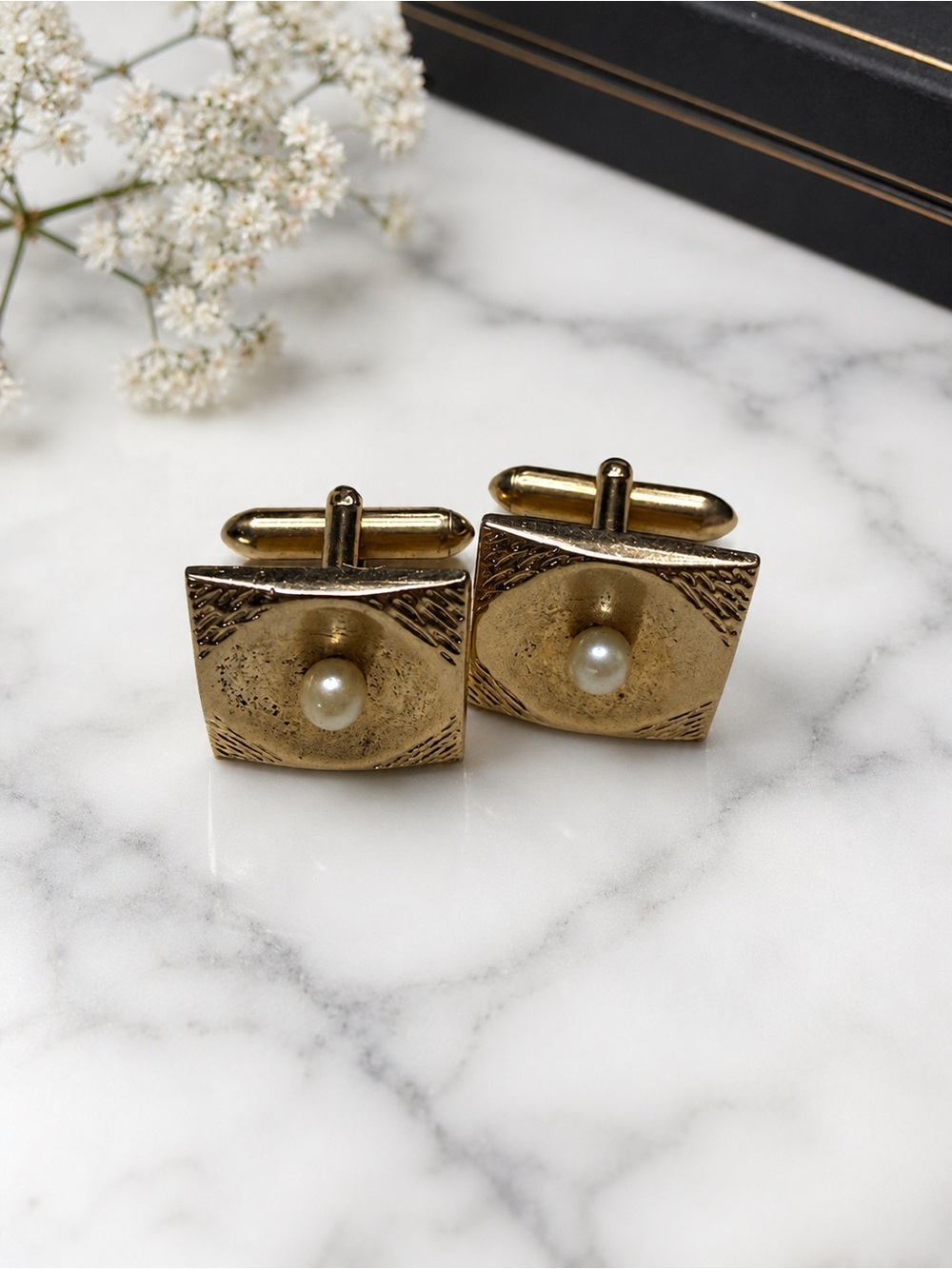 SWANK Gold-Tone Square Cufflinks with Pearl Accent